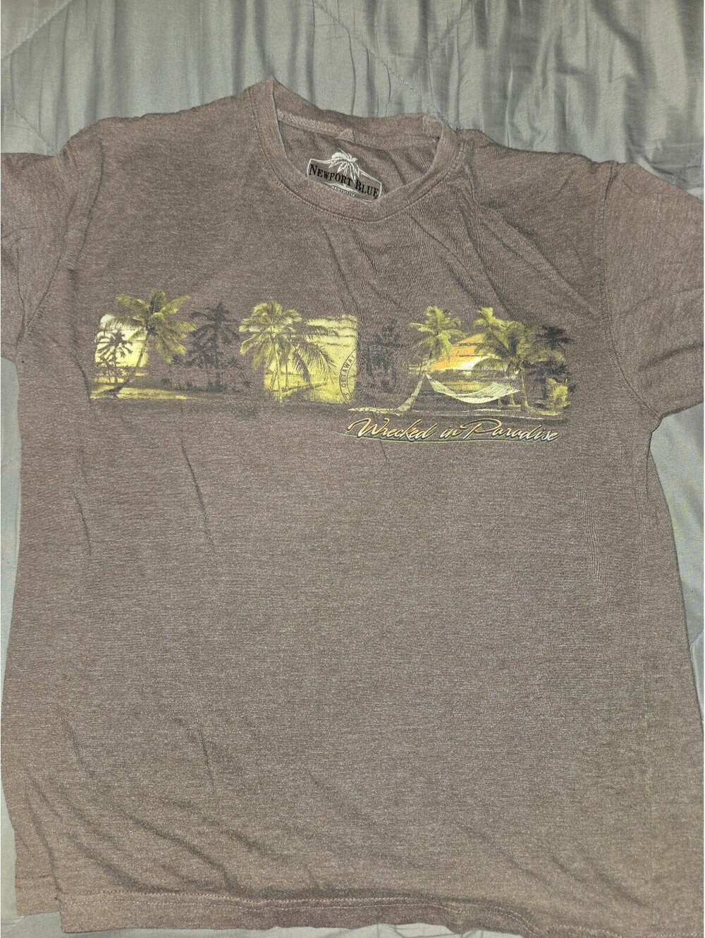 Newport Blue Medium Brown Graphic T-Shirt with Tropical Palm Design